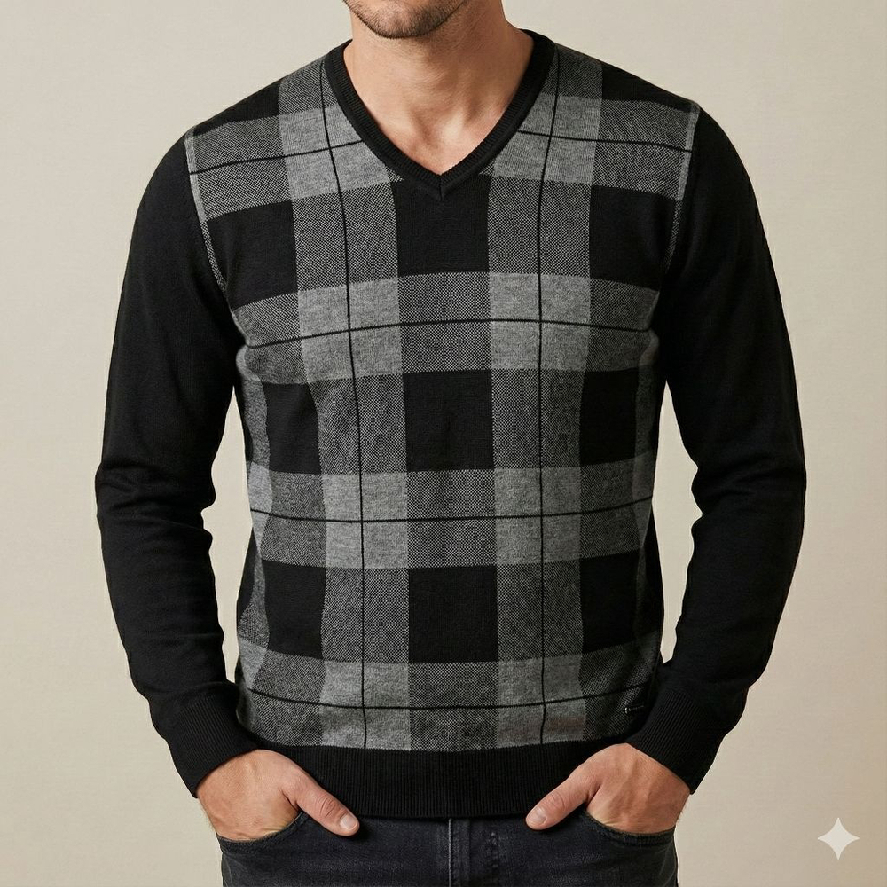 Bugatti Mens V Neck Sweater Black Gray Plaid Large